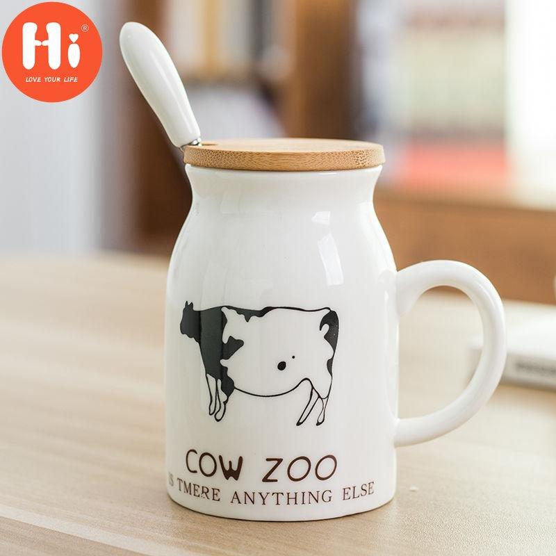 Ceramic Cldren's Cup Breakfast Milk Tea Cup Female Student Drinking Water Home Mug with Spoon with Lid