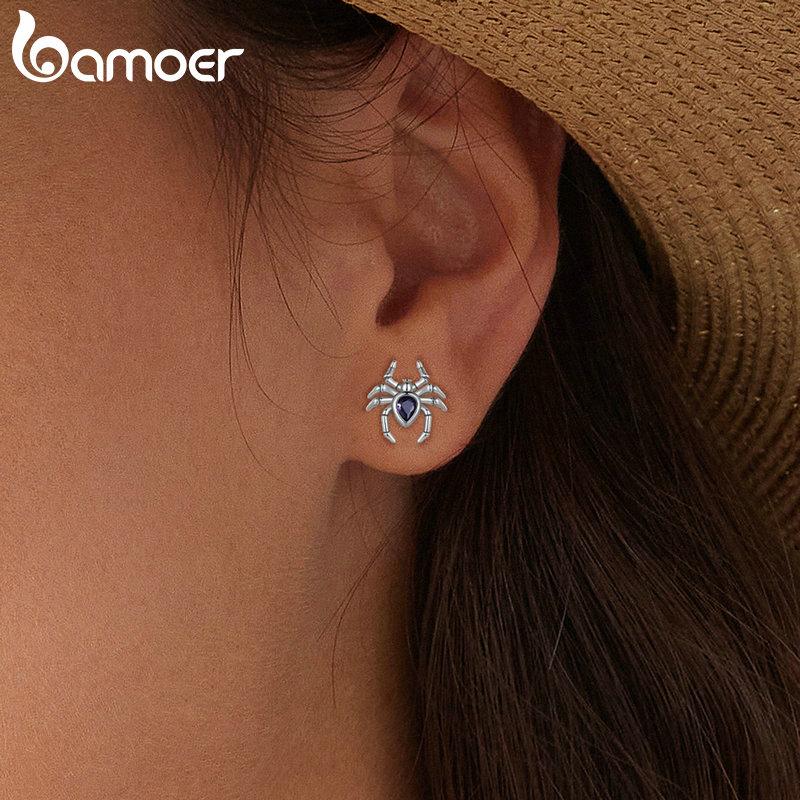 Bamoer Original 925 Silver Spider Earring Skull Grimace Ear Stud Animal For Women Men Halloween Party Gift Fine Jewelry