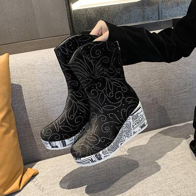 Модные принтованные полусапоги женские 2025 осень платформа танкетка высокий каблук ботильоны модная женская обувь стразы круглый носок короткие боты