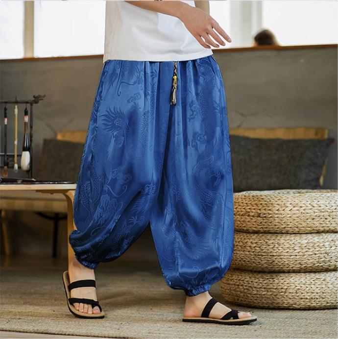 2024 Summer Brand Pants for Men Lce Silk Dragon Dark Flower Loose Bloomers High Quality Wide Leg Casual Pants Male