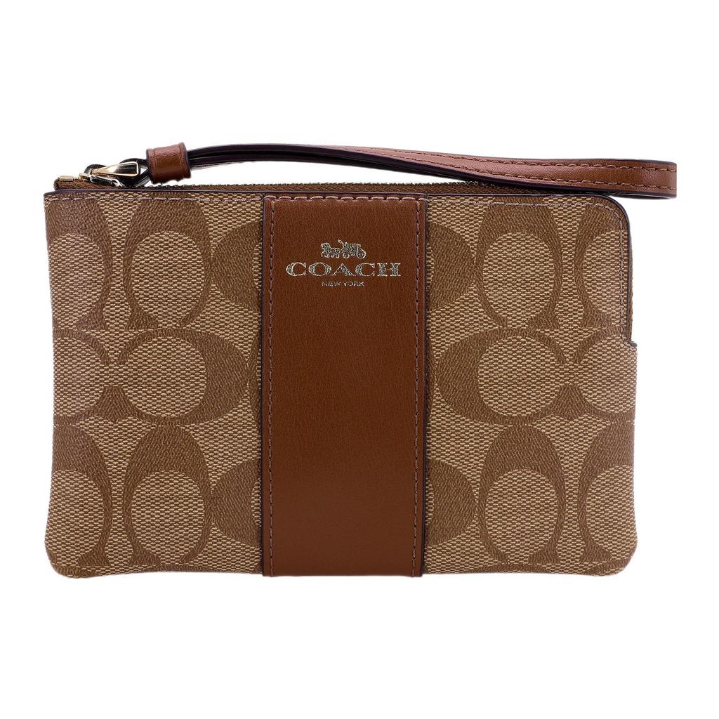 Coach Угловая молния 16 Застежка-молния Монограммный холст С кожаным ремешком для запястья Кошелек для монет Клатч Женский ремешок для запястья Коричневый 58035-IME74