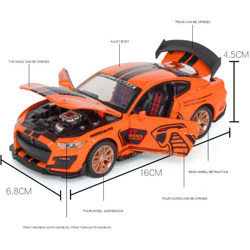 1/32 Масштабная модель спортивного автомобиля Mustang Shelby GT500 Литой металл Высокая имитация звука и света Коллекция детских игрушек Подарки