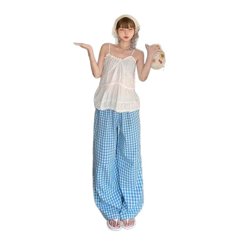 Дофаминовые клетчатые женские брюки широкие от бедра - Весна/Осень, Высокая посадка, Прямой крой, Повседневные