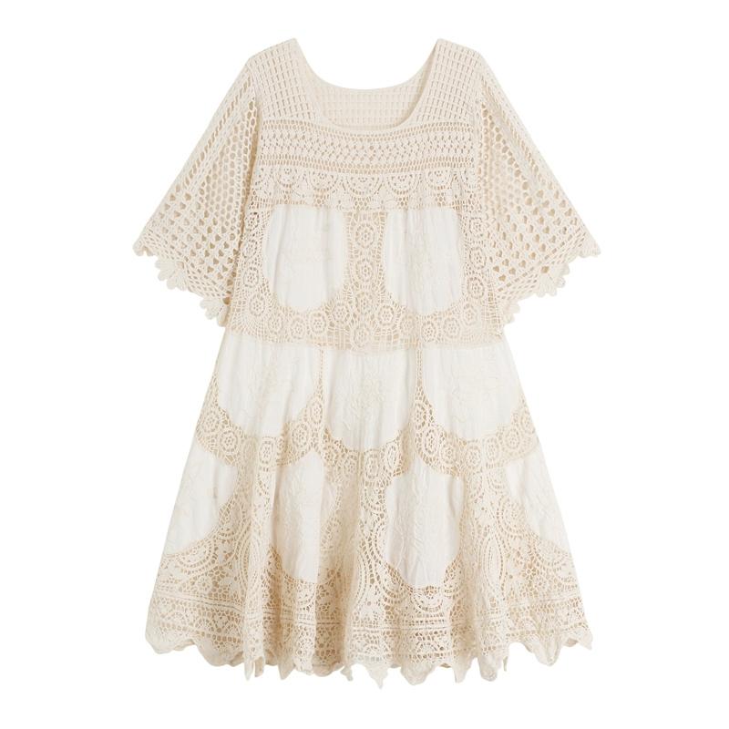 Dimanaf 2025 Summer Women Long Knitted Dress Sleeve Basic Fashion Lace Dresses Casual Loose