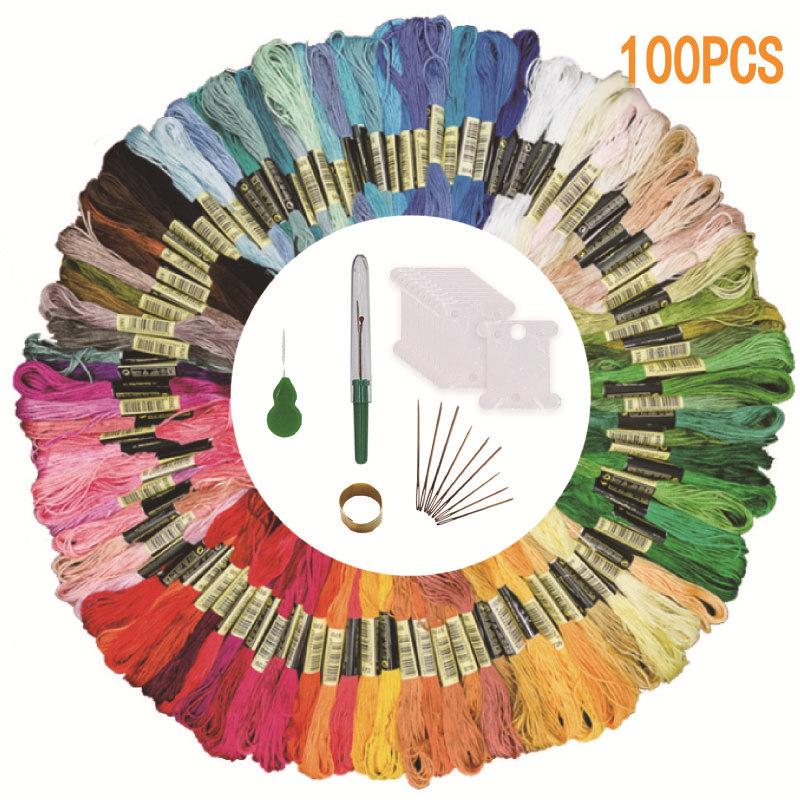 50 or 100 Color Cross Stitch Thread Set: 8m Each, Includes Winding Board, Needle, Threader for DIY Embroidery