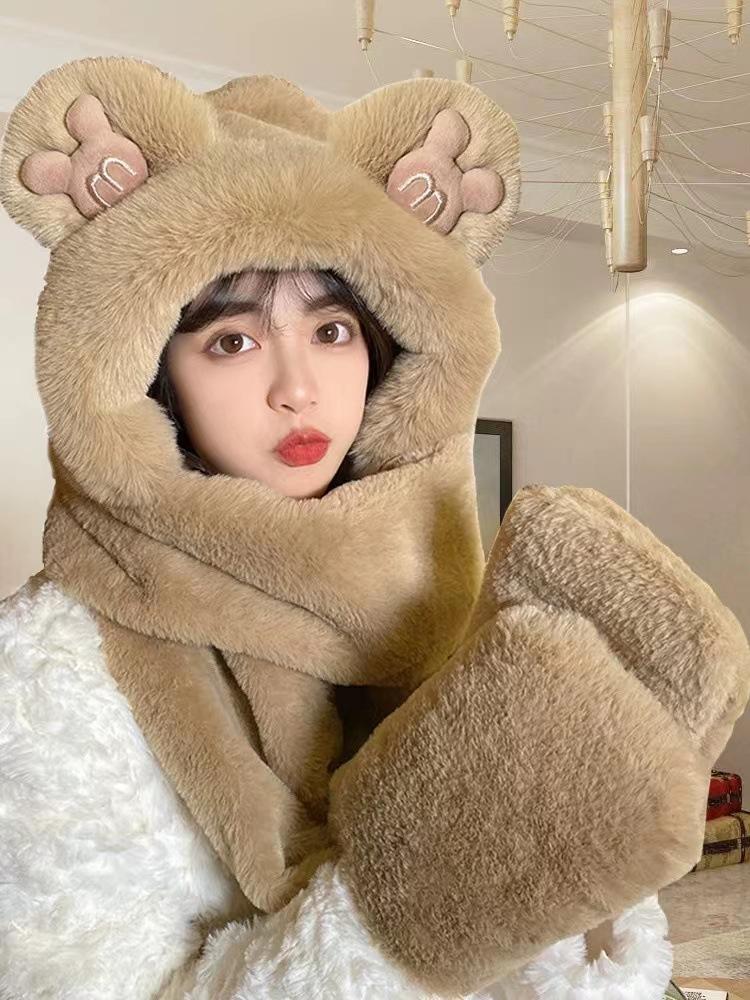 Зимняя женская плюшевая теплая шапка, шарф, перчатки, интегрированный утепленный уличный велосипедный комплект из трех предметов, защищающий от холода