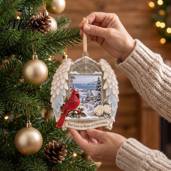 Christmas Tree Accessories Red Birds Ornament, 2D Acrylic Bird Hanging Decoration Cute Ornament with Angel Wings, Holiday Pendant for Home Decor