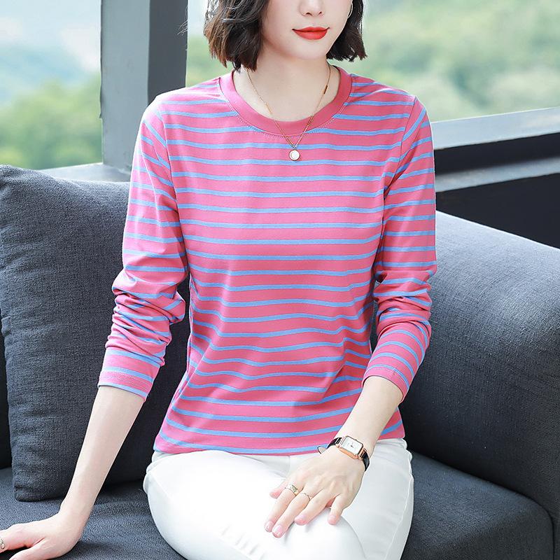 Large Size Loose Cotton Long Sleeve T-shirt Women's Middle-aged and Elderly Clothes Autumn Clothes Striped Base Layer Shirts