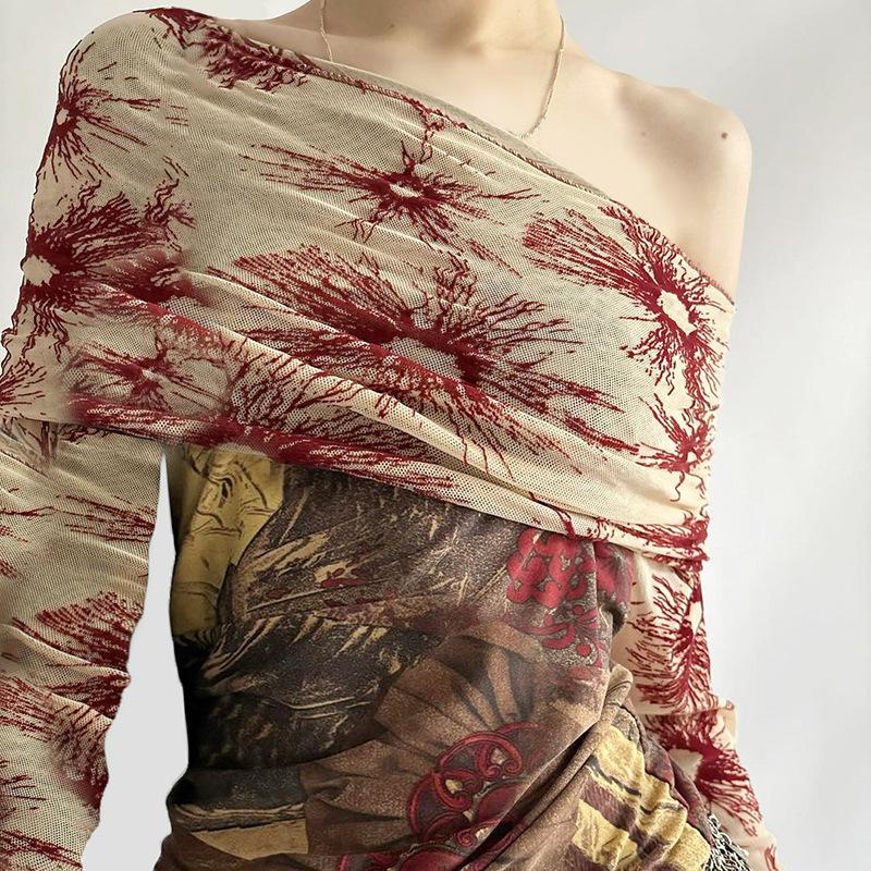 Растительный ретро сетчатый пэчворк одно плечо короткий топ сексуальный контрастный цвет приталенный крой длинный рукав рубашка для пикантных девушек футболки женские