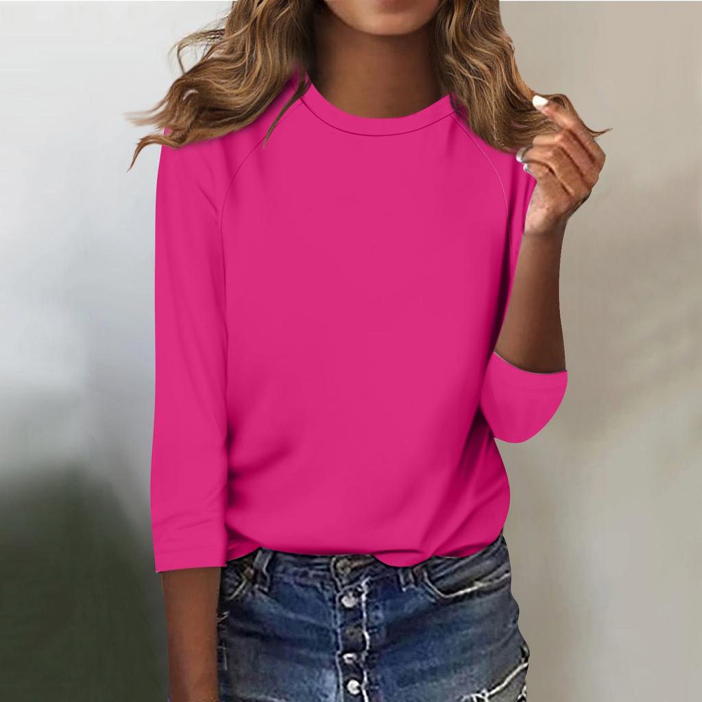 Shirt For Women's Fashion Casual Raglan Sleeve Round Neck 3/4 Sleeve Loose Solid Color T-Shirt Ladies Top