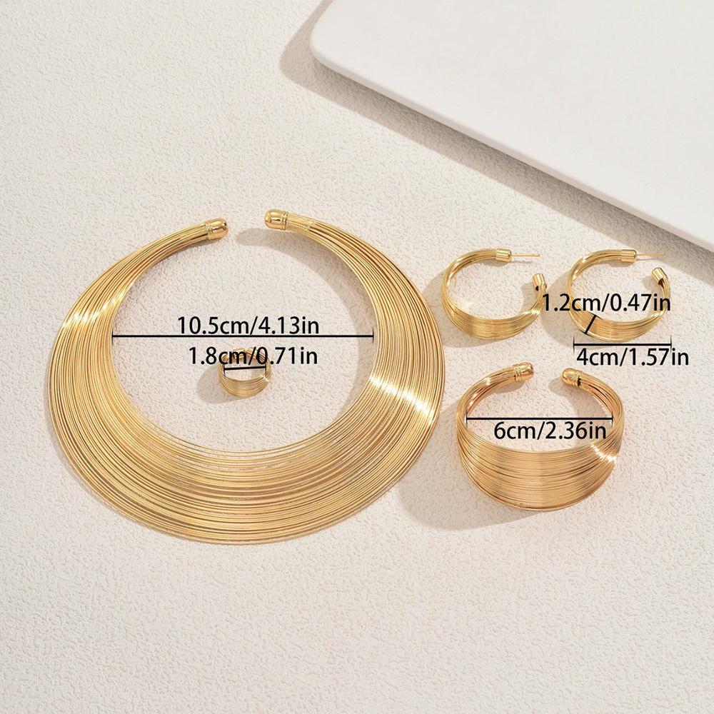 Fashionable Multi-Layer Metal Jewelry Set Geometric Line Collar Adjustable Opening Wristband For Women