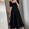 French Vintage Dress Women Summer Solid Pleated Puff Short Sleeve Square Neck Midi Dress