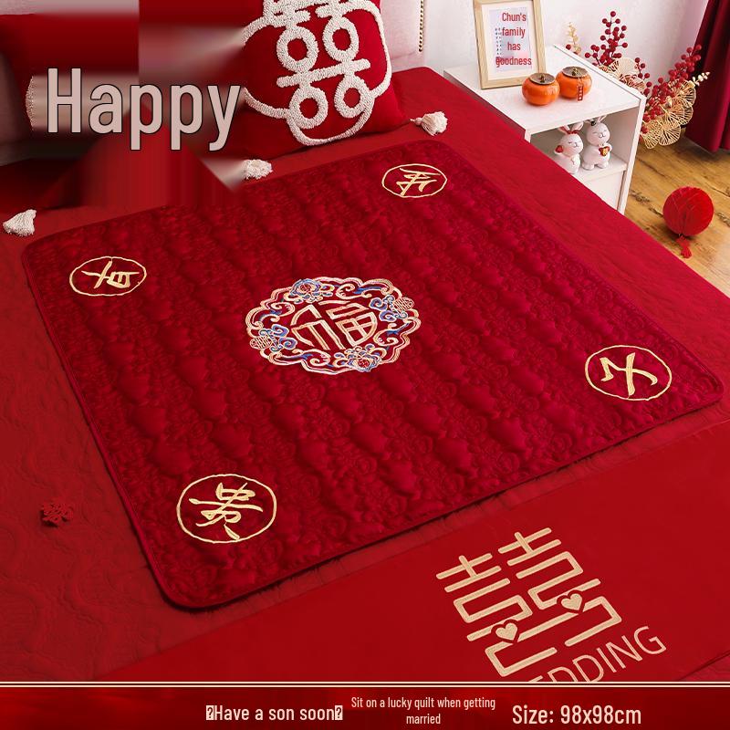 Набор вышитых свадебных подушек: 'Фу' Иероглиф и Дизайн 'Сто Благословений' для Постели Невесты с Мотивом Ранних Родов