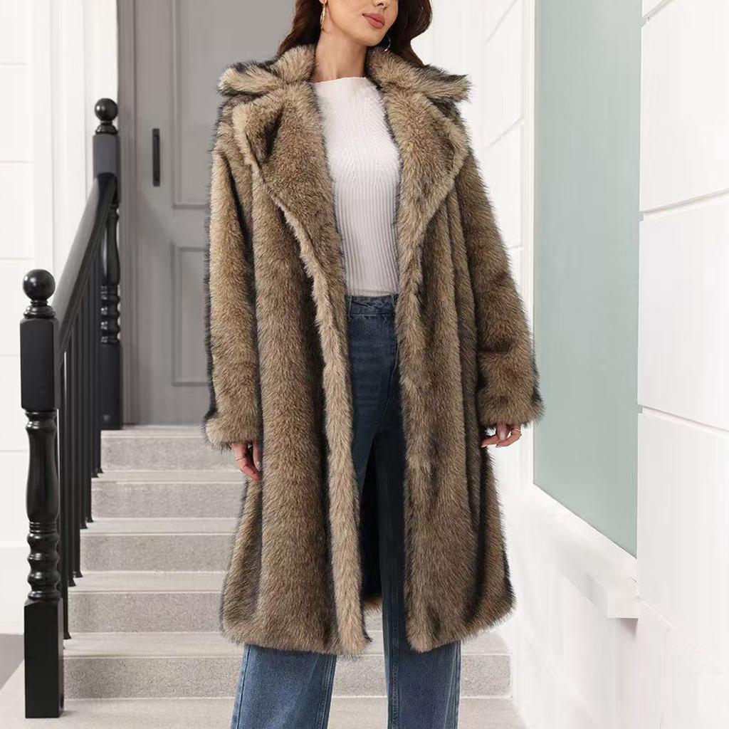 Women's Fashionable Warm Long Sleeve Solid Color Furry Long Coat With Turned Collar