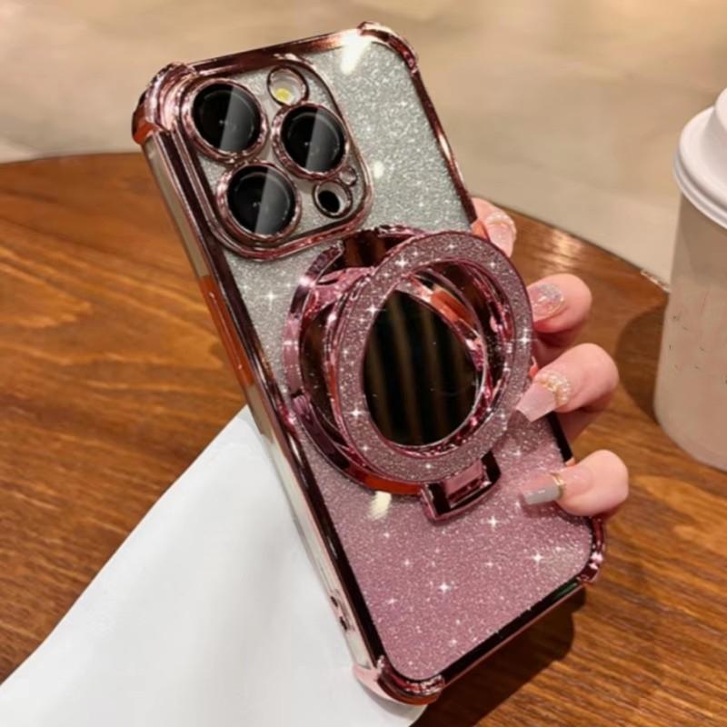 Для iPhone 16 Pro Max Роскошный чехол с рамкой для вспышки и зеркалом, держателем для телефона, защитный чехол для iPhone 11 12 13 14 15 16 Plus