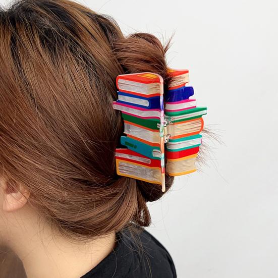 Book-shaped Hair Claw Pencil Design Hair Clip Patchwork Color Back Head Hair Clip Back To School Hair Accessory Headgear