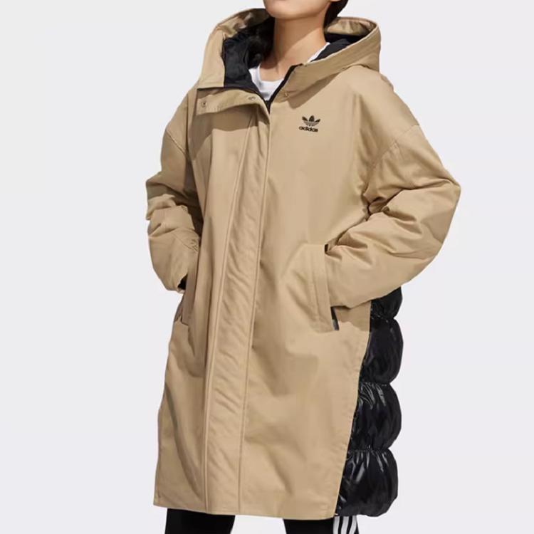 Adidas Женская утепленная парка Originals с цветовыми блоками, вставками и большим логотипом, средней длины, с капюшоном. Верхняя одежда. Хаки HF1585