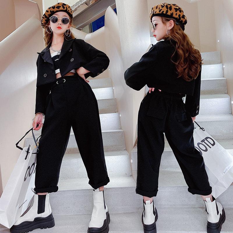 Блейзер для девочек, костюмы, комплекты одежды, весенне-осенние детские куртки + брюки с поясом, модные свободные формальные повседневные наряды для подростков