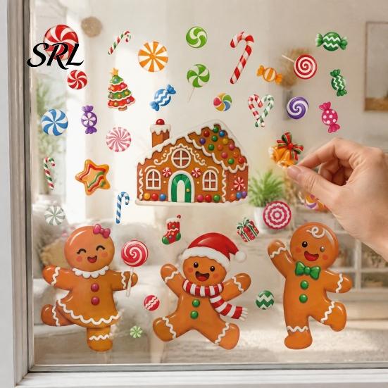 Static Glass Stickers 4Pcs Gingerbread Christmas Window Stickers, Candy Cane Decals, Reusable Winter Wonderland Decorations for Home Office Xmas Party