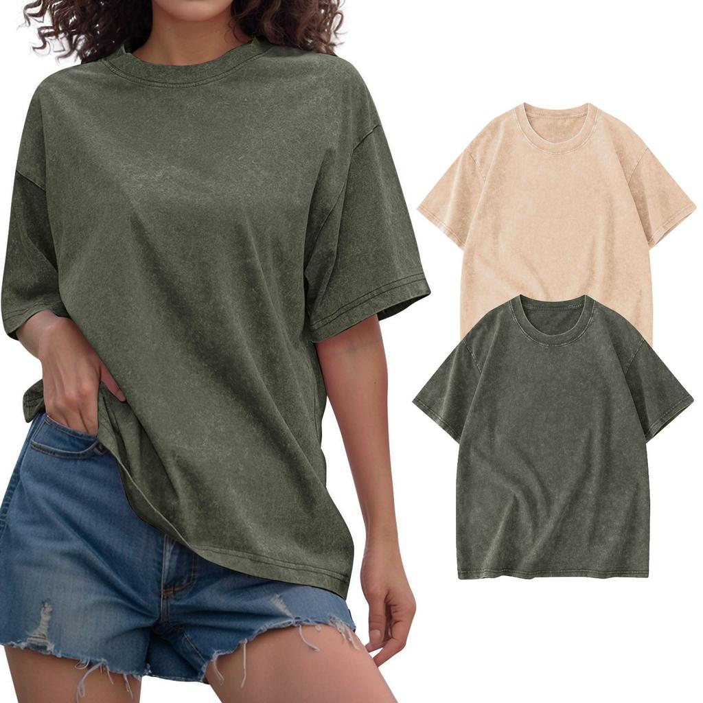 2PC Unisex T-shirt Casual Loose Solid Color Round Neck Pullover Short Sleeve T-shirt Top