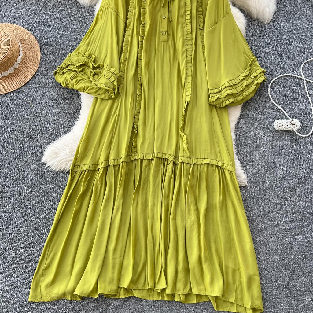 Винтажное однобортное платье с круглым вырезом на шнуровке, модное, с длинными рукавами, элегантное, свободное, с оборками, корейская женская одежда High Street