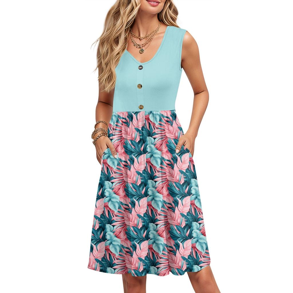Женские летние платья с принтом, без рукавов, повседневные, свободные, расклешенные, на пуговицах, миди-сарафан с карманами