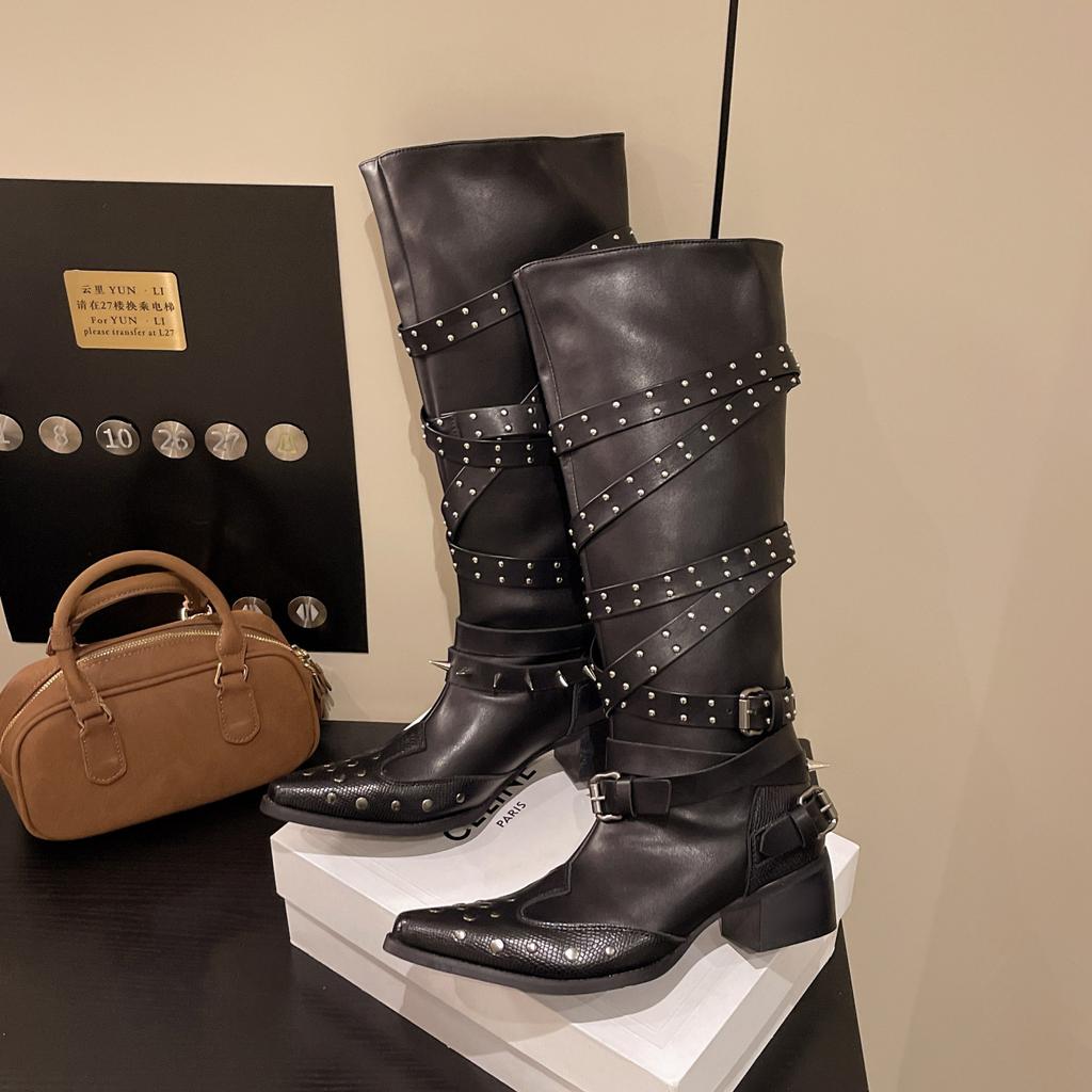 Fashion Women's Knee-high Boots Punk Style Long Boots Fashion Pointed Toe Leather Boots for Women Western Cowboy Boot Rivet Knight Botas