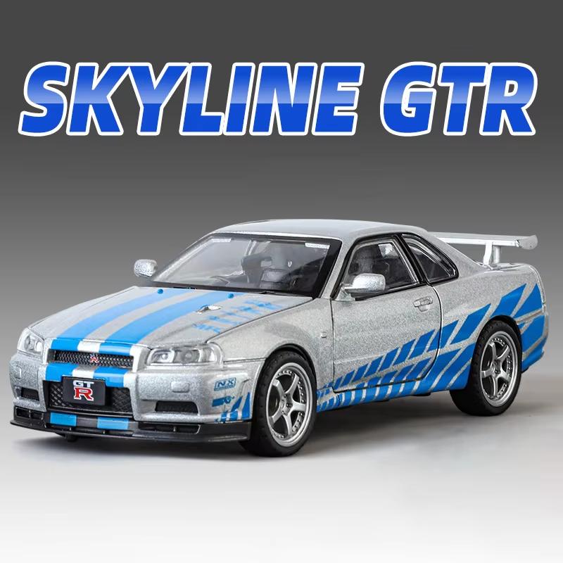 New 1:32 GTR R34 Alloy Sports Car Model Die-cast Toy Racing Car Model Simulation Sound and Light Pull Back Children Boy Trend Collection Gift