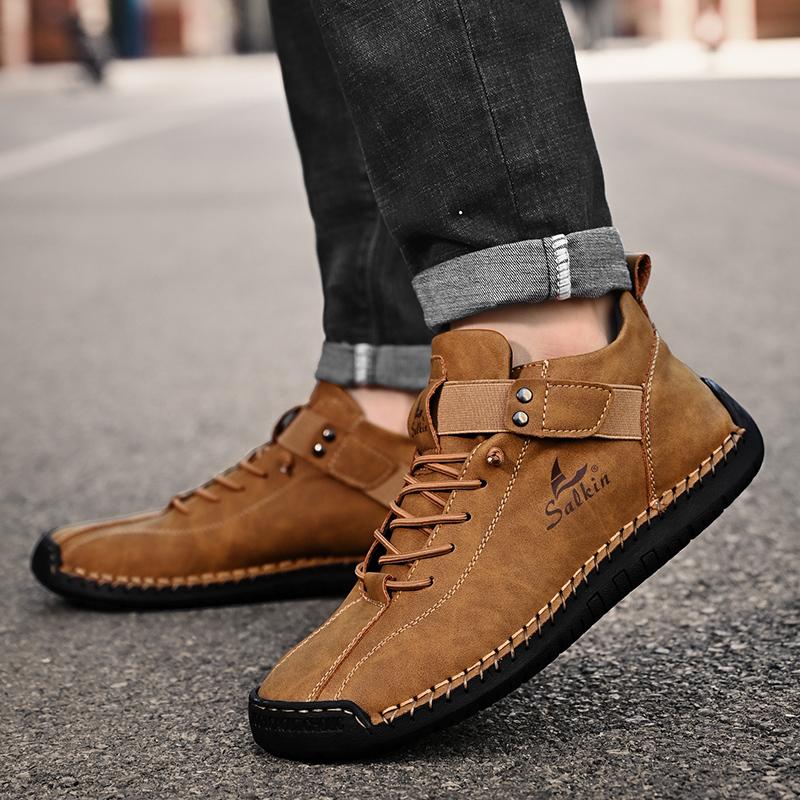 New 2025 Handmade Leather Men Boots Man Breathable Casual Leather Shoes Design Sneakers Men Ankle Boots Breathable Outdoor Boats