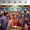 Nuxovilar Happy Birthday Banner Blue Gold Balloons String Lights Polyester Backdrop 43x70.86 Inches - Large Party Birthday Decorations for Photo
