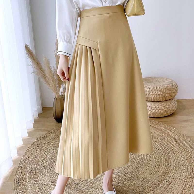 Простая нерегулярная однотонная драпированная плиссированная юбка, женская весенняя темпераментная пригородная юбка трапециевидной формы с высокой талией средней длины
