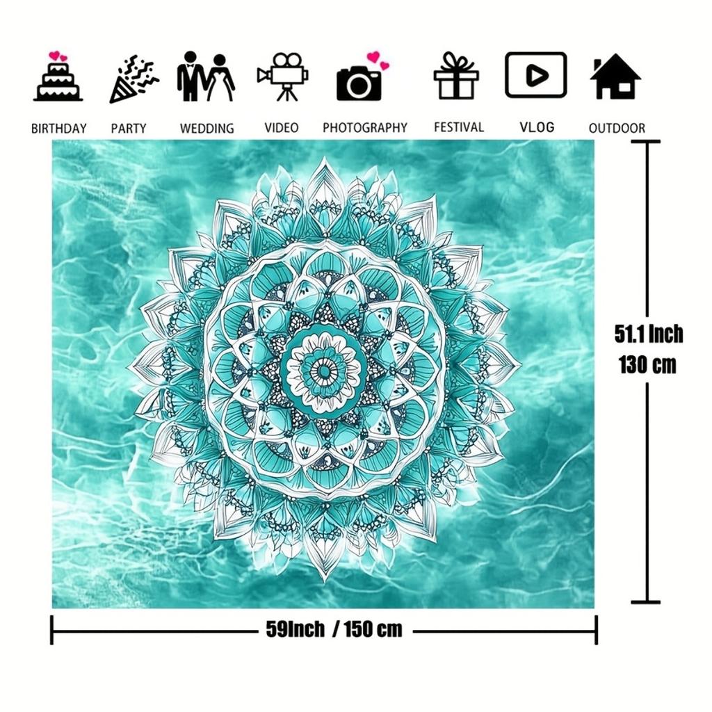 Bohemian Mandala Tapestry Wall Hanging Art Decor Polyester Blue Teal Water Boho Spiritual Geometric Flower Living Room Print