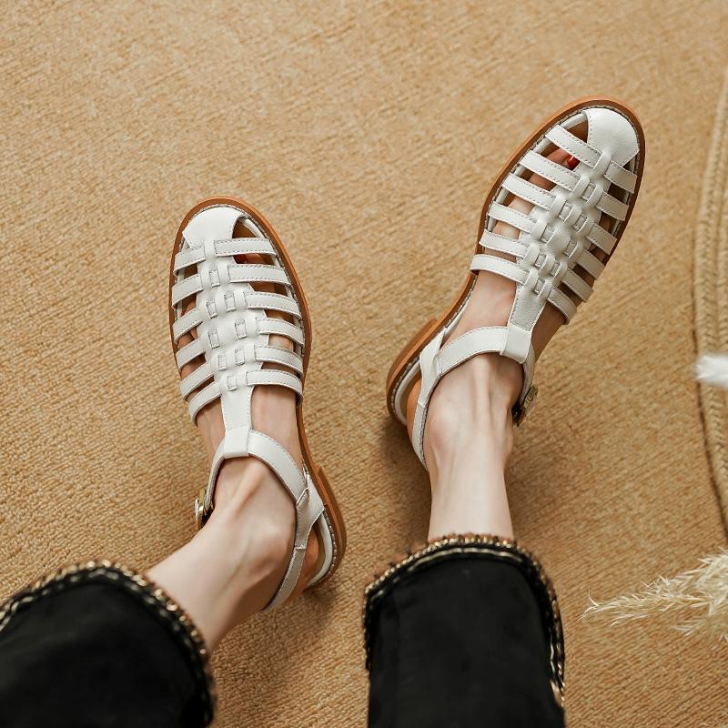 Женские босоножки из натуральной кожи с открытым носком и низким каблуком, летняя женская обувь 2024 года, женская обувь с открытым носком и открытым носком, сандалии-лодочки