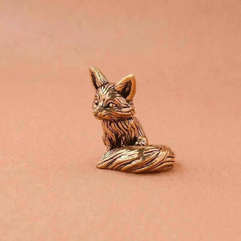 Brass Fox Statue Cute Fox Miniature Figurines Desk Decorations Accessories Copper Animal Sculpture Home Decor Crafts