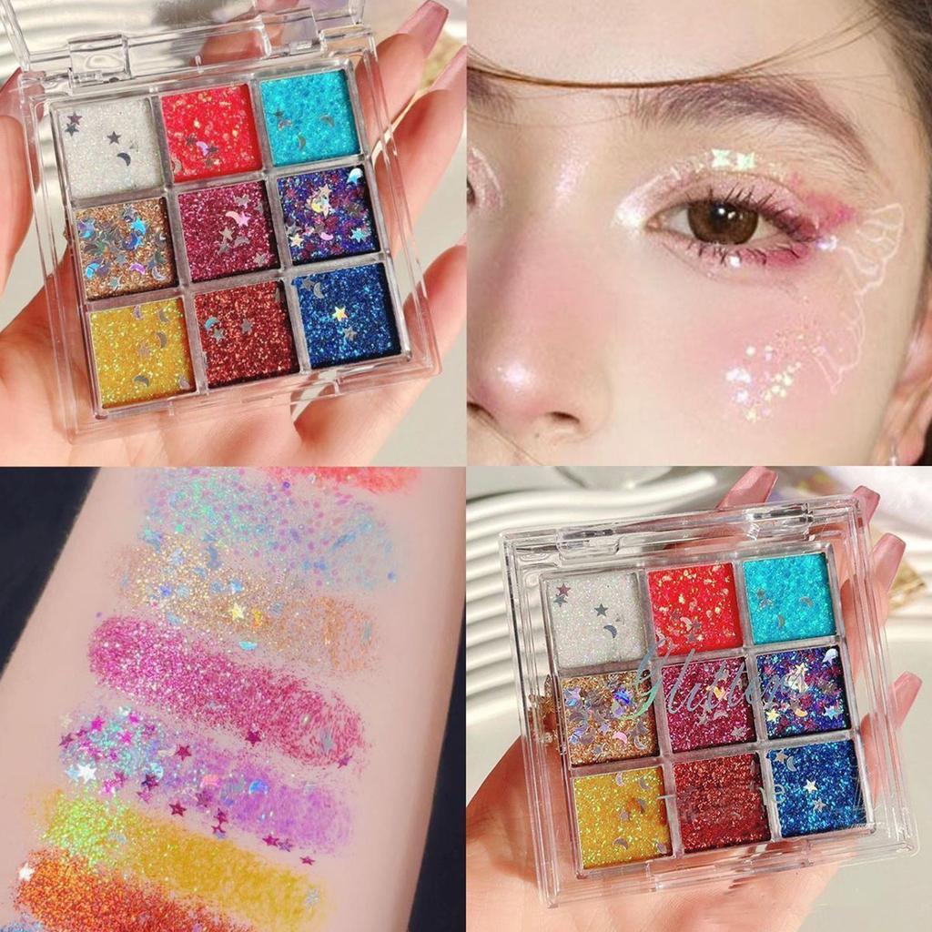 9-цветный гель, Цветные блестки, 9-цветные тени для век без клея, Сценический макияж для выступлений, Крупные блестки, Суперсияющие.