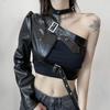 European and American Women Irregular Metal Buckle Hanging Neck PU Leather Unilateral Sleeve Leather Jacket