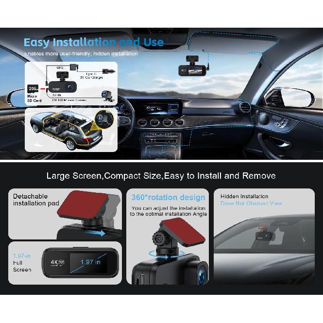 Soam Dash Cam Front and Rear 4K/1080P,Dash Camera for Cars Build in WiFi,24H Parking Mode,Night Vision,WDR,170°,G-Sensor,App