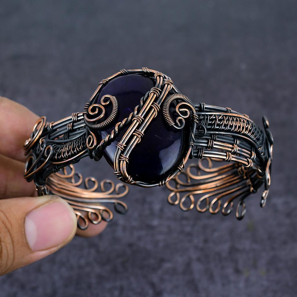 Шафран Аметист Драгоценный камень Ручная работа Медная проволока Обмотка Манжета Браслет Регулируемый L9s95