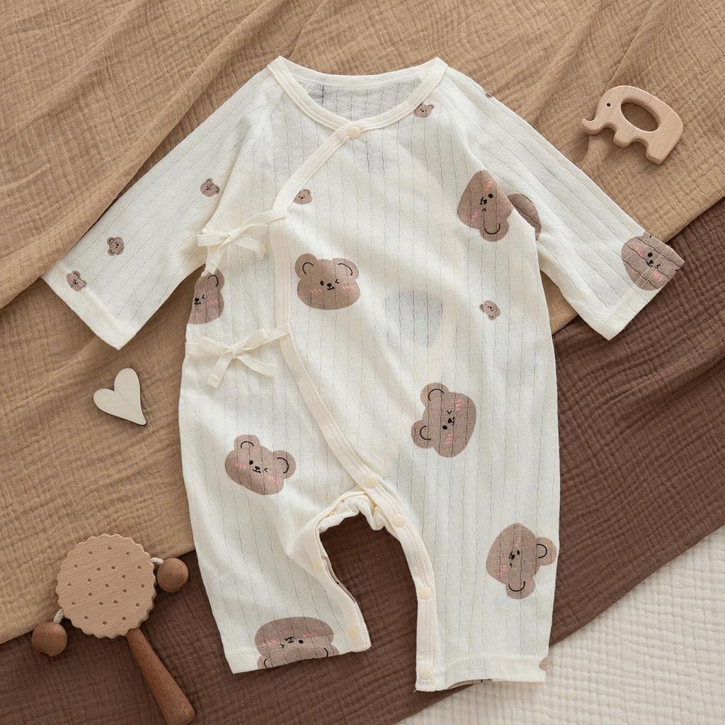 Новорожденный Ультратонкий Хлопковый Комбинезон с Длинным Рукавом и Защитой Животика - Дышащий, Класс А, Идеален для Лета и Помещений с Кондиционером.