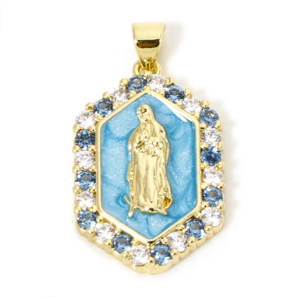 1 PC Virgin Mary Religious Brass Pendants 18K Gold Plated Pearlized Hexagon Enamel Cubic Zirconia Charms Pendants 3cm x 1.7cm