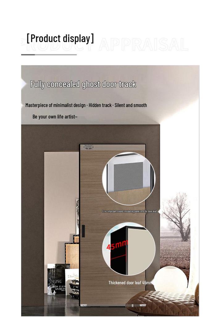 Minimalist Aluminum Wood Trackless Sliding Barn Door - Invisible, Paint-Free Design for Bedroom or Living Room.