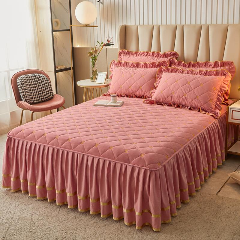 Сплошной цвет стеганая юбка-кровать Покрывало цельное утолщенное покрывало из трех предметов 1,5 м 1,8 X2,0 кружевное покрывало с листьями лотоса