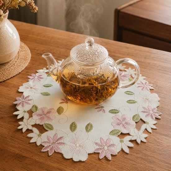 Fabric Placemat, with Hollow Embroidery Round Coasters, Foldable Protection from Heat Stains And Scratches Table Mat for Kitchen