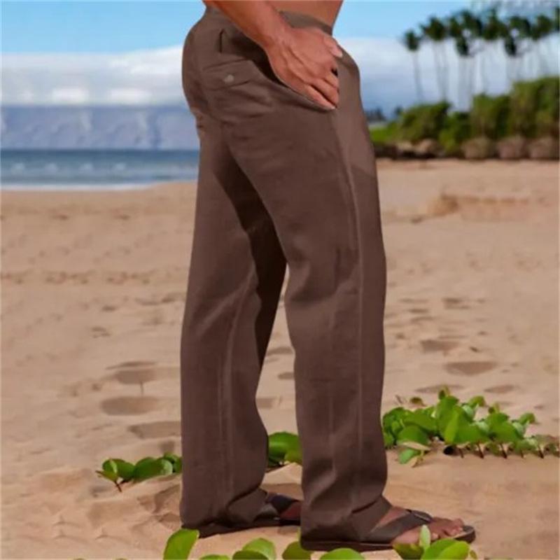 Модные мужские спортивные брюки из хлопка и льна для повседневного использования, однотонные, со шнурком и несколькими карманами, свободные прямые брюки