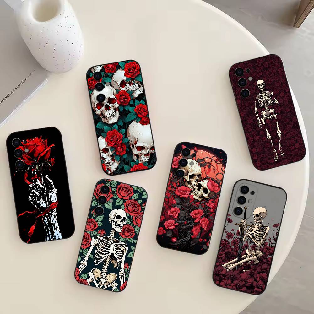 R-Red Rose Skull Phone Case For Samsung S25,S24,S21,S22,S23,S30,Ultra,S20,Plus,Fe,Note,10,9,5G Black Cover