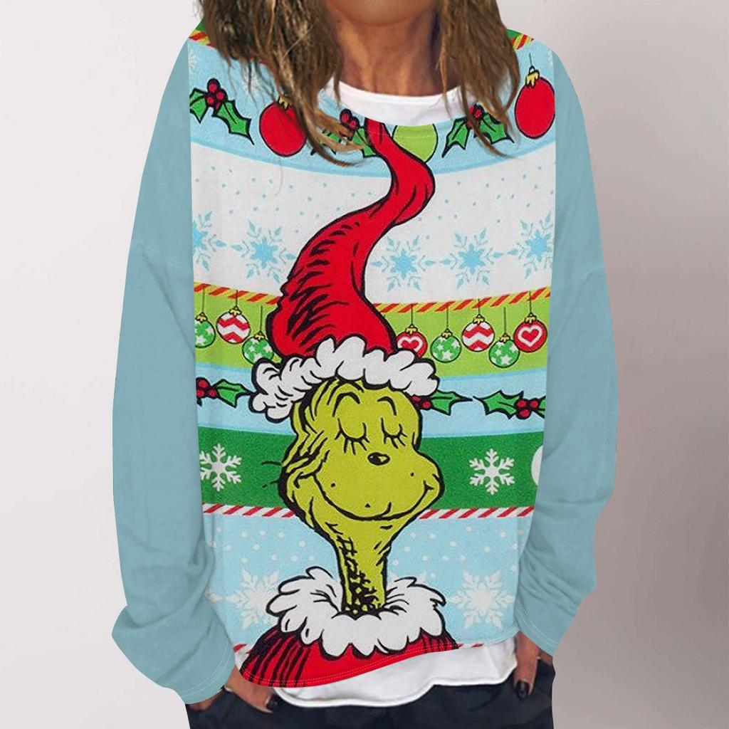 Женская повседневная модная толстовка с длинным рукавом и круглым вырезом с рождественским принтом, многослойный пуловер, топ