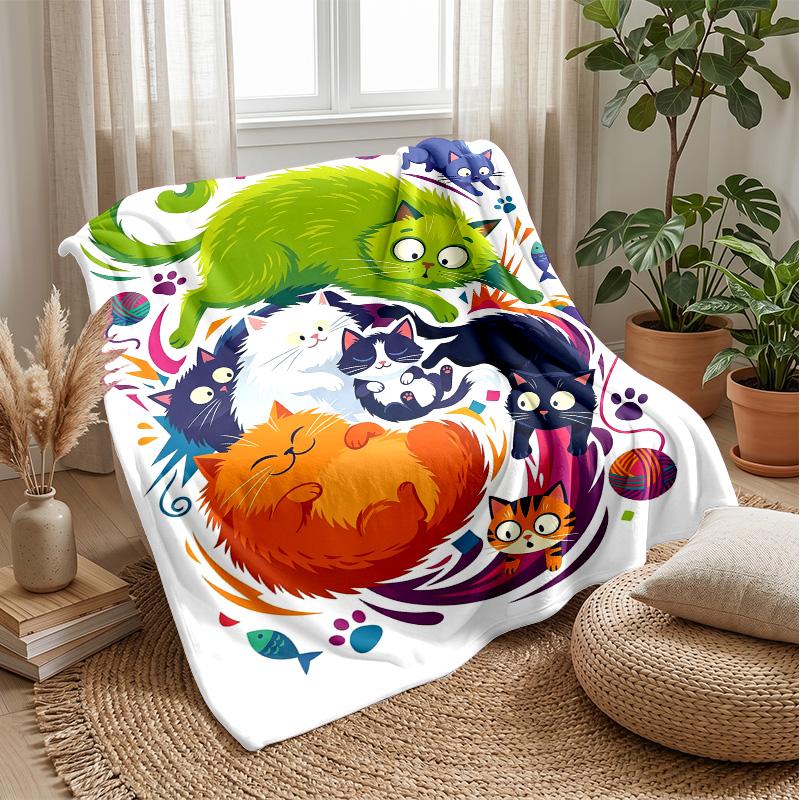 Colorful Cats Pattern blanket Personalized Name Flannel Blanket Soft Cozy Plush Throw for Sofa Bed Lightweight Home Decor