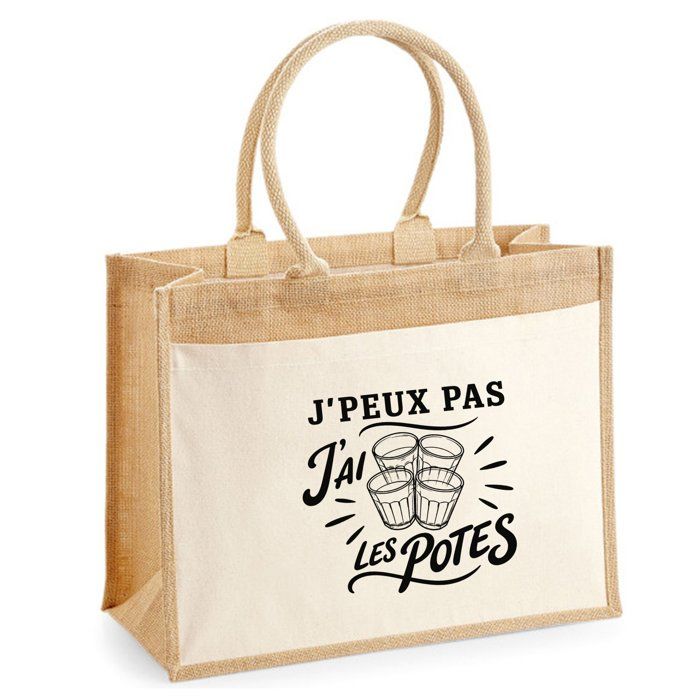 Sac Cabas Jute avec Poche J’peux pas j’ai les Potes J'peux pas minimaliste | Toile de Jute et Coton 21 L Fond Plat Anses 65 cm