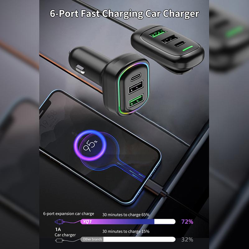 6-портовый USB Type-C передний и задний удлинитель автомобильное зарядное устройство с RGB подсветкой PD быстрая зарядка адаптер питания для iPhone планшет ноутбук