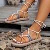 Women Summer Sandals Linen Braided Flat Casual Lace Up Shoes Ladies Casual Lace-up Roman Sandals Fashion Outdoor Beach Sandals
